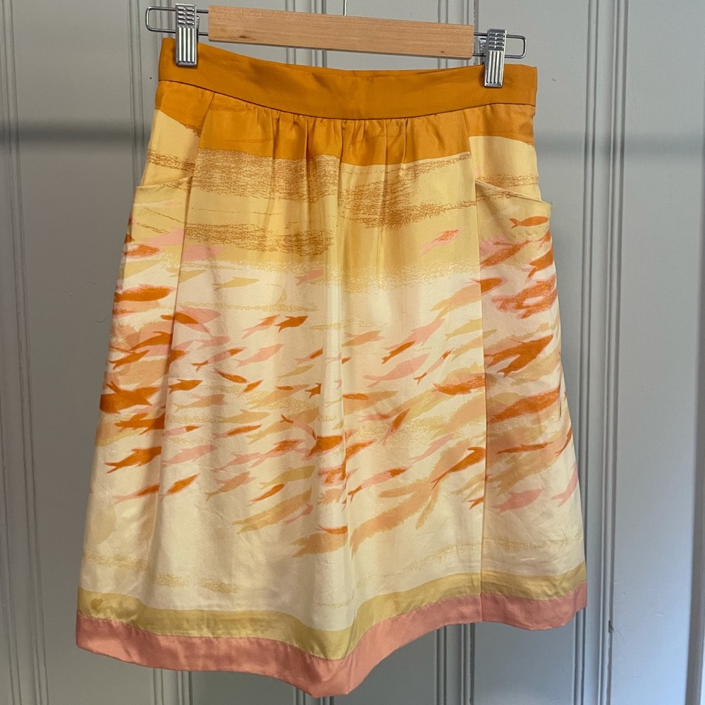 Anthropologie Silk Fish Print Pink and Orange Skirt